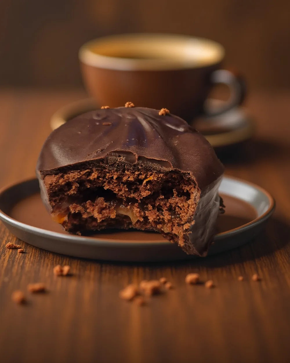 Bitten chocolate alfajor showing the dulce de leche centre