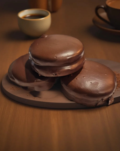 Chocolate alfajores stacked on a plate